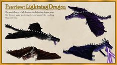 four different types of dragon wings with the words perview lightning dragon on it's side