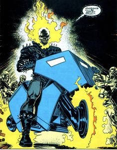 a man riding on the back of a blue motorcycle with flames coming out of it