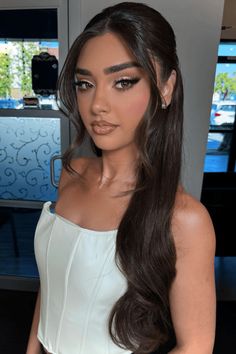 hair textures, hairstyles, dazzling looks Hairstyles Bridesmaid Half Up, Long Bangs Half Up Half Down, Elegant Hairstyles Bangs, Brown Bridal Hair Half Up Half Down, Pinned Back Bridal Hair, Party Hair Down Styles, Hair Inspo For Formal, Half Pinned Back Hair Side, Hair Up Down Half Up