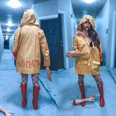 two mannequins dressed in yellow raincoats and red boots, one holding a knife