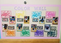 a bulletin board with many pictures on it and the words color wall written in different colors