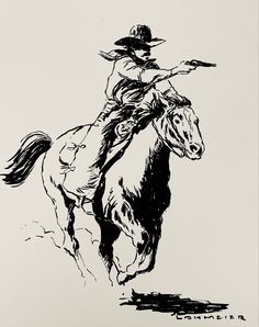 a black and white drawing of a cowboy riding a horse