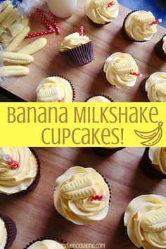 banana milkshake cupcakes on a cutting board with the title overlay