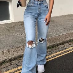 Lasaky - Womens Denim Jeans: Blue Baggy Jeans with Ripped Holes, Casual Wide Legs, and Frayed Hem Denim Pants Fashion, Flare Leg Pants, Women Denim Jeans, Bell Bottom, Wide Legs, Flared Jeans, Clothing Size Chart, Womens Clothing Sizes, Blue Denim Jeans