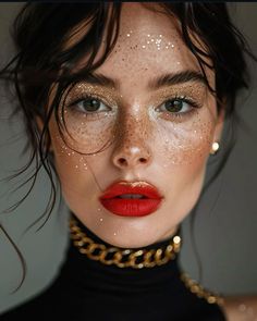 Whimsical Makeup Looks, Mascarade Makeup, Glitter Freckles, Punk Makeup, Gold Makeup, Festival Makeup, Editorial Makeup, Glitter Makeup, Red Lipstick