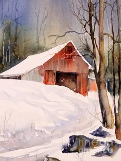 a watercolor painting of a red barn in the snow with trees on either side