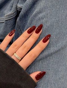 Red nails #fallnails @rednails Red Fall Almond Nails, Nail Shape Square Oval, Gel X Solid Color, Carmine Red Nails, First Time Acrylic Nails Ideas, Red Nails Red Lips, Plain Dark Red Nails, Plain Fall Nails Simple, Deep Red Oval Nails