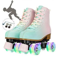 two roller skates with pink and blue wheels, one has an image of a man on