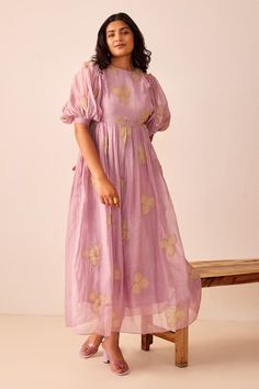 Buy Purple Chanderi Silk Embroidered Floral Motifs Round Zoe Coast Dress For Women by The Right Cut Online at Aza Fashions. New Western Dress Designs, Casual Dresses For Women Indian, Maxi Frocks For Women, Organza Frocks Designs For Women, Western Outfits Women Party Cocktail Dresses, Frock Ideas For Women, Organza Frocks For Women, Plus Size Fashion For Women Indian