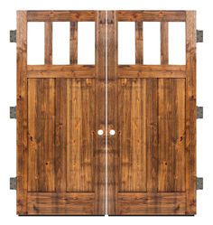 two wooden doors with bars on each side