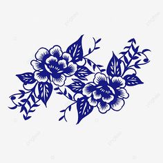 blue flowers on white background with leaves and stems in the center, illustration, drawing, flower png and psd