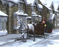 two people riding in a horse drawn sleigh on a snowy street with snow covered houses