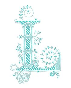 the letter l is decorated with green and white flowers, vines, and swirls