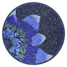 a blue plate with flowers and leaves on the front, is shown in mosaic style