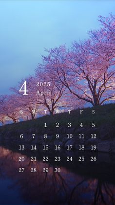 a desktop calendar with trees and water in the foreground at sunset or dawn on march 4, 2013