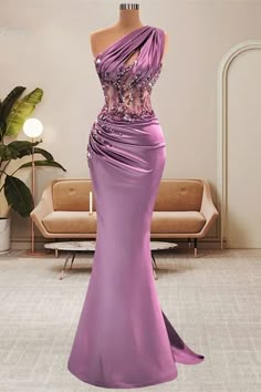 Lilac One Shoulder Mermaid Prom Dress with Beads Prom Dress Lilac, Mauve Prom Dress, Lilac Prom Dresses, Dress With Beads, Mermaid Gown Prom, Prom Dress Pictures, Purple Lace Dress, One Shoulder Prom Dress, Dress Lilac