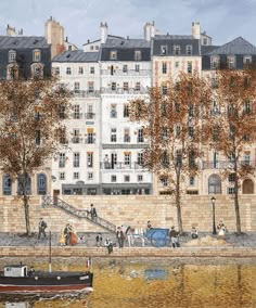 a painting of a boat on the water in front of a large building with many windows