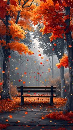 a park bench in the middle of a forest filled with trees covered in fall leaves