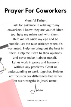 a prayer for coworkers with glasses on top of pink paper and the words, pray for coworkers