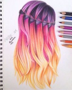 a drawing of a woman's hair with pastel pencils next to it