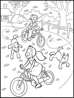 a coloring page with children playing and riding bikes in the fall leaves, while an adult watches