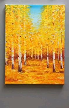 an oil painting of yellow trees in the fall with blue sky and white clouds above