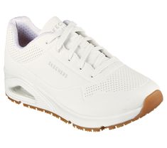 A favorite style arrives in comfort and safety with Skechers Work Relaxed Fit Uno SR. This slip-resistant utility design features a durable perforated synthetic durabuck upper with a Skechers Air-Cooled Memory Foam insole and Skech-Air visible airbag midsole. | Skechers Women's Work Relaxed Fit: Uno SR Sneaker Skechers Slip On, Sketchers Shoes, Utility Design, Insole Design, Work Sneakers, Sneakers Looks, Fabric Shoes, Wide Shoes, Skechers Women