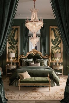 a fancy bedroom with green walls and curtains