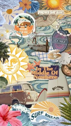 the collage has many different types of stickers on it, including flowers and surfboards