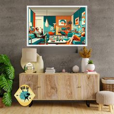 an image of a living room setting with furniture and plants on the sideboard in front of it