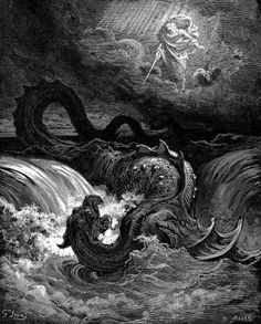 an image of a man standing on top of a dragon in the water with another creature behind him