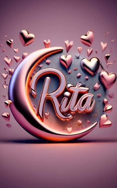 the word rita is surrounded by hearts and confetti on a purple background