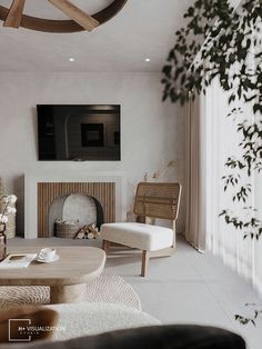 a living room filled with furniture and a flat screen tv mounted on the wall above a fire place