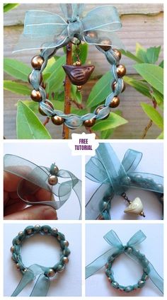 the instructions for how to make an ornament with ribbon and pearls on it