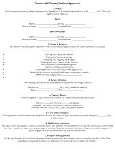 the service agreement for commercial cleaning services is shown in this document, which contains two separate sections