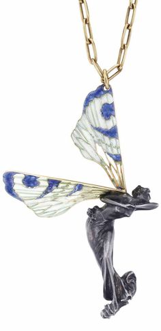 René Lalique | Art Nouveau Pendant, c1900, silver/ enamel/ gold. Designed as a nymph fairy, her sculpted silver body extending green & blue plique-à-jour enamel & gold wings, to the 18k gold link neckchain, signed Lalique. Sold at auction for $93,750 on June 12, 2018 Jewerly Art, Figural Jewelry, Art Nouveau Silver, Silver Bodies, Gathering Place