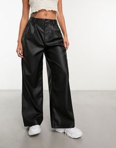 Wide Leg Pants by ASOS DESIGN Make your jeans jealous High rise Belt loops Functional pockets Wide leg Wide Leg Faux Leather Pants With Belt Loops, High Waist Faux Leather Wide Leg Pants, Faux Leather Wide Leg Pants For Work, Wide Leg Jeans For Night Out, Trendy Wide Leg Faux Leather Bottoms, Casual Wide Leg Faux Leather Bottoms, Wide Leg Faux Leather Pants For Work, Wide Leg Leather Pants With Pockets For Night Out, Trendy Black Wide Leg Leather Pants