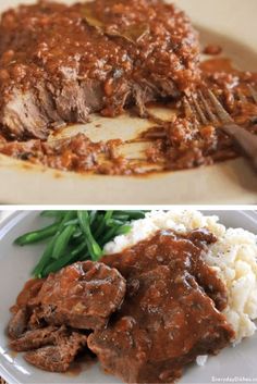 two pictures one with meat and the other with gravy on top of it