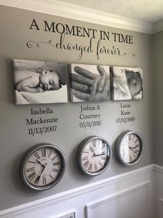 three clocks are hanging on the wall in front of two pictures and one is saying a moment in time changed forever