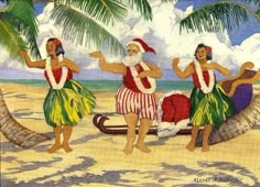 three people sitting on the beach with palm trees in front of them and one person wearing a santa claus hat