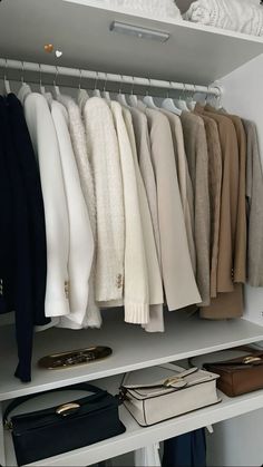 an organized closet with clothes and handbags hanging on the rack, including sweaters