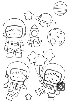 an astronaut coloring page with two kids in space suits, one holding a rocket and the other