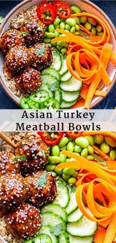 Asian Turkey Meatball Bowls are perfect for a healthy weeknight dinner, lunch and are a great option if you meal prep. Flavorful, tender turkey meatballs coated in a sweet and spicy Asian sauce and served on top of rice with plenty of fresh veggies. #meatballs #turkeymeatballs #Asianfood #bowlrecipes #healthydinner #healthyrecipes #groundturkey #glutenfree Asian Turkey Meatball Bowl, Bowl Dinners Healthy, Dinner Full Of Veggies, Healthy No Red Meat Meals, Dinner With Fresh Veggies, Asian Inspired Rice Bowls, Healthy Filling Meals Dinner, Dairy Free Pot Luck Recipes, Healthy Meat Meals