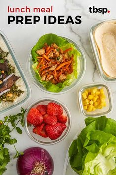 lunch meal prepped in plastic containers on a marble countertop with text overlay reading lunch meal prep ideas