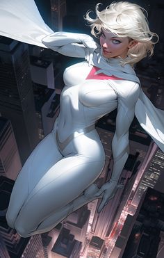 a woman flying through the air while wearing white and red superhero costumes in front of a cityscape