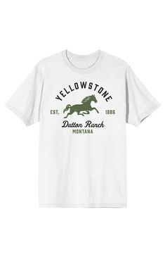 Online only! Ride into style with this Yellowstone tee. The shirt features a green horse logo galloping under green letters that spell out, "Yellowstone, EST. 1886, Dutton Ranch, Montana." The tee comes in a white short-sleeved crew neck. Fans of the TV show will love this comfy cotton tee.


	Solid color tee
	Short sleeves
	Crew neckline
	Front graphic
	Standard fit
	Machine washable Ranch Montana, Yellowstone Dutton Ranch, Green Letters, Dutton Ranch, Horse Logo, Top Graphic Tees, White Short, Tshirts Online, Pacsun