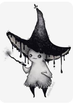 a black and white drawing of a witches hat on top of a cat with dripping liquid