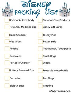 the disney packing list is shown in blue and white with castle silhouettes on it