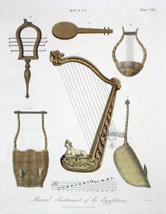 an old musical instrument and other items from the early nineteenth century, including a harp