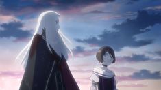 two anime characters standing in front of the sky with clouds and stars behind them, looking at each other